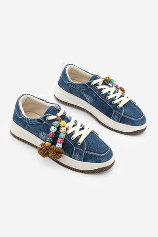 Kadın Sneaker Denim Çıkarılabilir Boncuklu Tokalı Spor Ayakkabı Porento - Lacivert Kot
