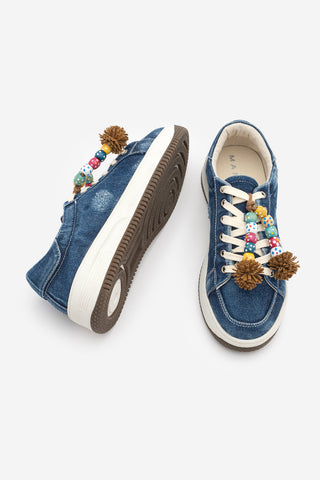 Kadın Sneaker Denim Çıkarılabilir Boncuklu Tokalı Spor Ayakkabı Porento - Lacivert Kot
