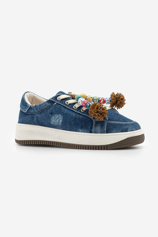 Kadın Sneaker Denim Çıkarılabilir Boncuklu Tokalı Spor Ayakkabı Porento - Lacivert Kot