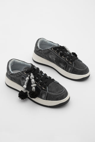 Kadın Sneaker Denim Çıkarılabilir Boncuklu Tokalı Spor Ayakkabı Porento - Siyah Kot