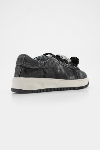 Kadın Sneaker Denim Çıkarılabilir Boncuklu Tokalı Spor Ayakkabı Porento - Siyah Kot