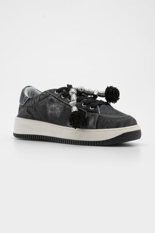 Kadın Sneaker Denim Çıkarılabilir Boncuklu Tokalı Spor Ayakkabı Porento - Siyah Kot