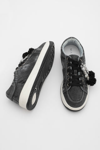 Kadın Sneaker Denim Çıkarılabilir Boncuklu Tokalı Spor Ayakkabı Porento - Siyah Kot