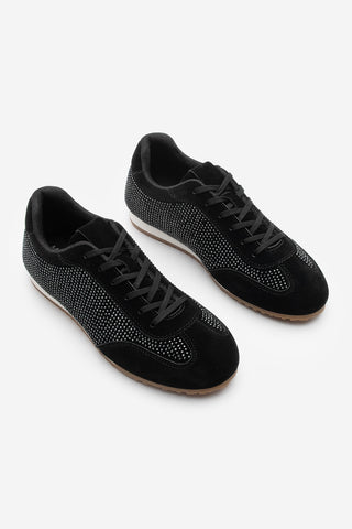 Kadın Sneaker Taşlı Spor Ayakkabı Dorni - Siyah Süet