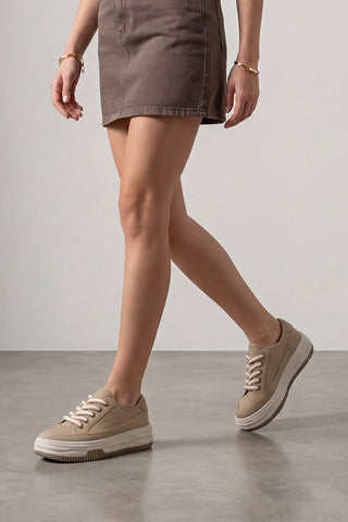 Kadın Sneaker Kalın Taban Spor Ayakkabı Kotnel - Vizon Keten