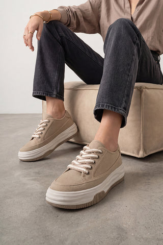 Kadın Sneaker Kalın Taban Spor Ayakkabı Kotnel - Vizon Keten