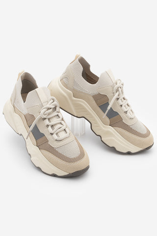 Kadın Sneaker Kalın Taban Triko Spor Ayakkabı Volente - Bej Süet