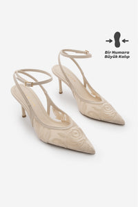 Kadın Stiletto Nakışlı Fileli Klasik Topuklu Ayakkabı Limez - Ekru