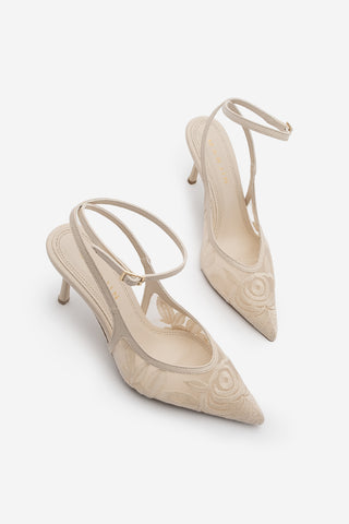 Kadın Stiletto Nakışlı Fileli Klasik Topuklu Ayakkabı Limez - Ekru
