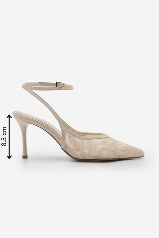 Kadın Stiletto Nakışlı Fileli Klasik Topuklu Ayakkabı Limez - Ekru