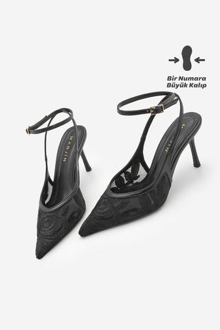 Kadın Stiletto Nakışlı Fileli Klasik Topuklu Ayakkabı Limez - Siyah