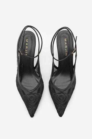 Kadın Stiletto Nakışlı Fileli Klasik Topuklu Ayakkabı Limez - Siyah