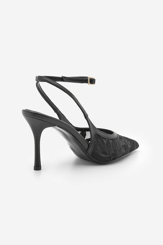 Kadın Stiletto Nakışlı Fileli Klasik Topuklu Ayakkabı Limez - Siyah