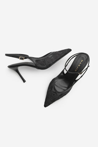 Kadın Stiletto Nakışlı Fileli Klasik Topuklu Ayakkabı Limez - Siyah