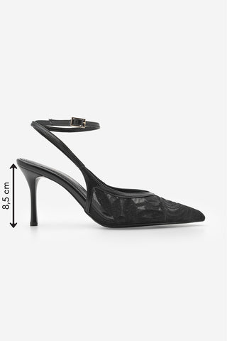 Kadın Stiletto Nakışlı Fileli Klasik Topuklu Ayakkabı Limez - Siyah