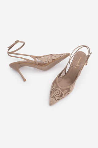 Kadın Stiletto Nakışlı Fileli Klasik Topuklu Ayakkabı Limez - Vizon