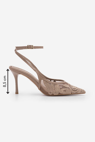 Kadın Stiletto Nakışlı Fileli Klasik Topuklu Ayakkabı Limez - Vizon