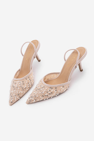 Kadın Stiletto Pullu Boncuklu İşlemeli Fileli Klasik Topuklu Ayakkabı Torliza - Pudra Saten