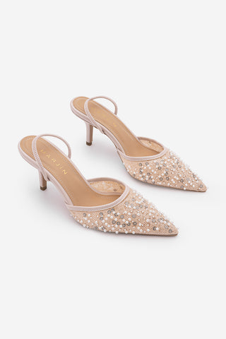 Kadın Stiletto Pullu Boncuklu İşlemeli Fileli Klasik Topuklu Ayakkabı Torliza - Pudra Saten