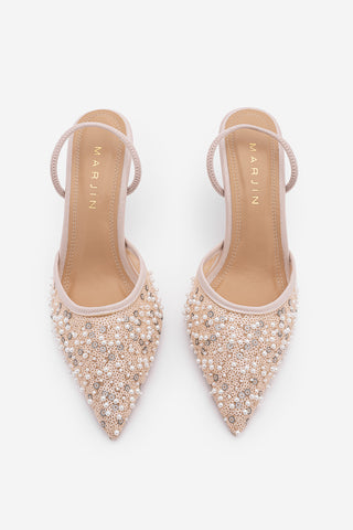 Kadın Stiletto Pullu Boncuklu İşlemeli Fileli Klasik Topuklu Ayakkabı Torliza - Pudra Saten