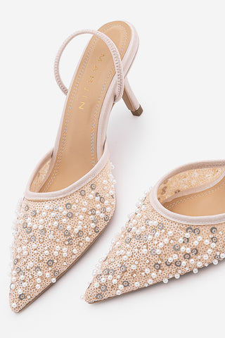 Kadın Stiletto Pullu Boncuklu İşlemeli Fileli Klasik Topuklu Ayakkabı Torliza - Pudra Saten