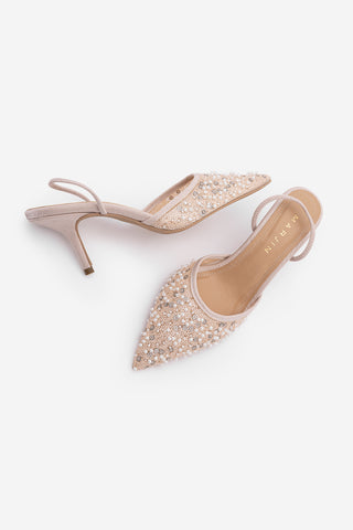 Kadın Stiletto Pullu Boncuklu İşlemeli Fileli Klasik Topuklu Ayakkabı Torliza - Pudra Saten