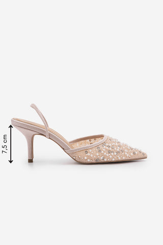 Kadın Stiletto Pullu Boncuklu İşlemeli Fileli Klasik Topuklu Ayakkabı Torliza - Pudra Saten