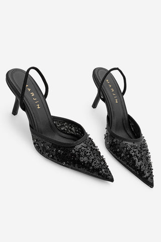 Kadın Stiletto Pullu Boncuklu İşlemeli Fileli Klasik Topuklu Ayakkabı Torliza - Siyah Saten