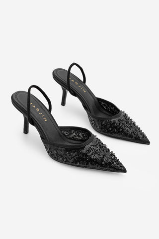 Kadın Stiletto Pullu Boncuklu İşlemeli Fileli Klasik Topuklu Ayakkabı Torliza - Siyah Saten