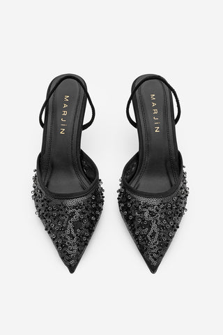 Kadın Stiletto Pullu Boncuklu İşlemeli Fileli Klasik Topuklu Ayakkabı Torliza - Siyah Saten