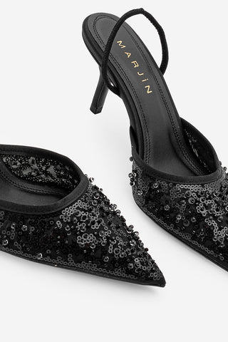 Kadın Stiletto Pullu Boncuklu İşlemeli Fileli Klasik Topuklu Ayakkabı Torliza - Siyah Saten