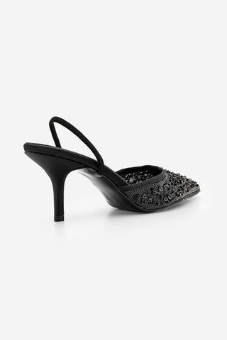 Kadın Stiletto Pullu Boncuklu İşlemeli Fileli Klasik Topuklu Ayakkabı Torliza - Siyah Saten