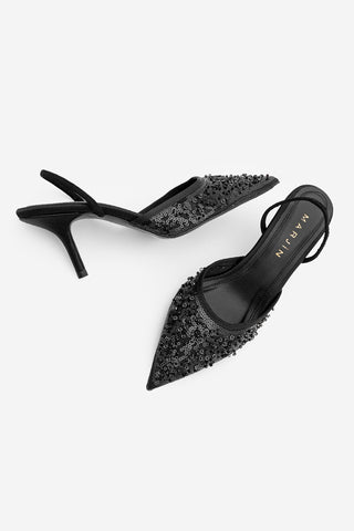 Kadın Stiletto Pullu Boncuklu İşlemeli Fileli Klasik Topuklu Ayakkabı Torliza - Siyah Saten