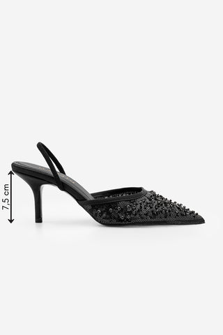 Kadın Stiletto Pullu Boncuklu İşlemeli Fileli Klasik Topuklu Ayakkabı Torliza - Siyah Saten