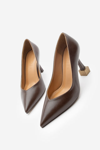 Kadın Stiletto Ahşap Desenli Ökçe Topuklu Ayakkabı Arset - Kahve