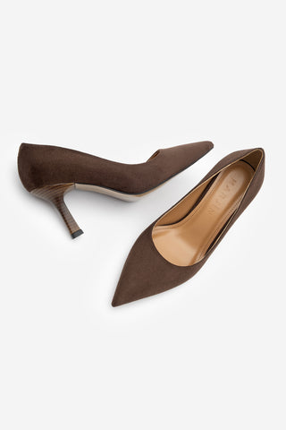 Kadın Stiletto Ahşap Desenli Ökçe Topuklu Ayakkabı Zonar - Kahve Süet