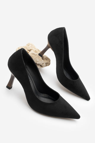 Kadın Stiletto Ahşap Desenli Ökçe Topuklu Ayakkabı Zonar - Siyah Süet