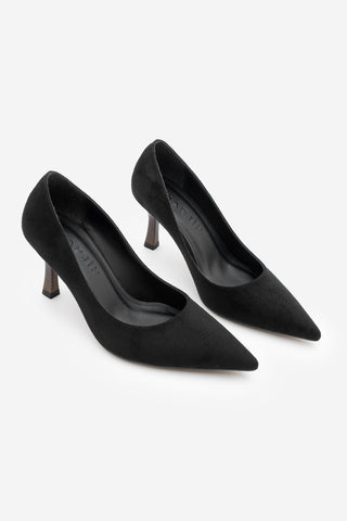 Kadın Stiletto Ahşap Desenli Ökçe Topuklu Ayakkabı Zonar - Siyah Süet