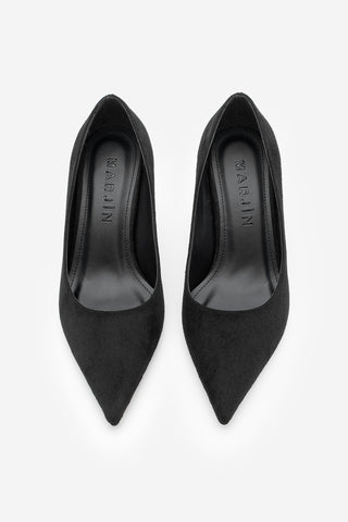 Kadın Stiletto Ahşap Desenli Ökçe Topuklu Ayakkabı Zonar - Siyah Süet