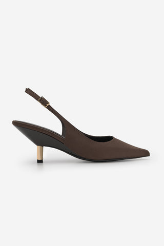 Kadın Stiletto Altın Metal Kısa Ökçe Klasik Topuklu Ayakkabı Rente - Kahve Saten