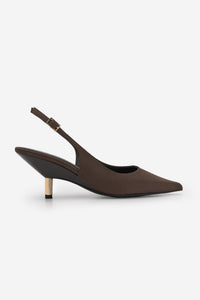 Kadın Stiletto Altın Metal Kısa Ökçe Klasik Topuklu Ayakkabı Rente - Kahve Saten