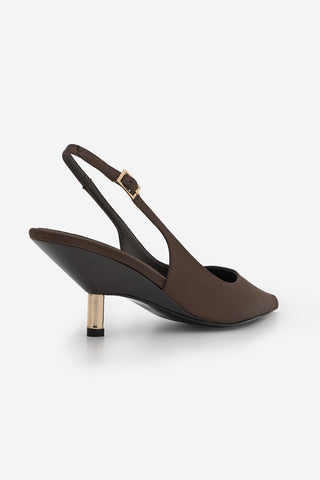 Kadın Stiletto Altın Metal Kısa Ökçe Klasik Topuklu Ayakkabı Rente - Kahve Saten