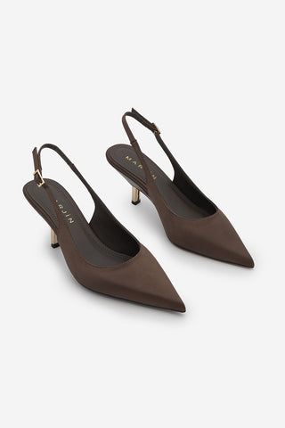 Kadın Stiletto Altın Metal Kısa Ökçe Klasik Topuklu Ayakkabı Rente - Kahve Saten