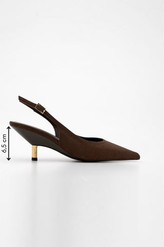 Kadın Stiletto Altın Metal Kısa Ökçe Klasik Topuklu Ayakkabı Rente - Kahve Süet