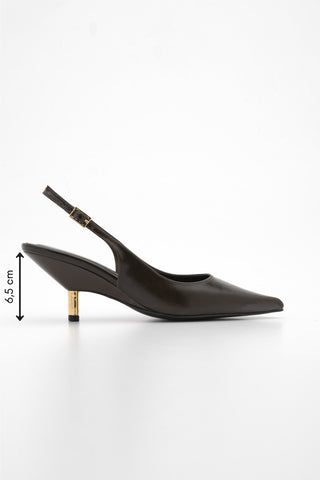 Kadın Stiletto Altın Metal Kısa Ökçe Klasik Topuklu Ayakkabı Rente - Kahve