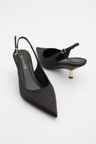 Kadın Stiletto Altın Metal Kısa Ökçe Klasik Topuklu Ayakkabı Rente - Siyah Saten