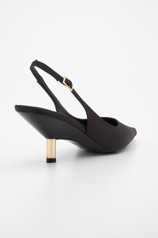 Kadın Stiletto Altın Metal Kısa Ökçe Klasik Topuklu Ayakkabı Rente - Siyah Saten