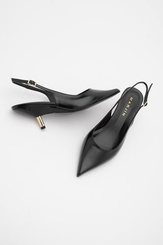 Kadın Stiletto Altın Metal Kısa Ökçe Klasik Topuklu Ayakkabı Rente - Siyah