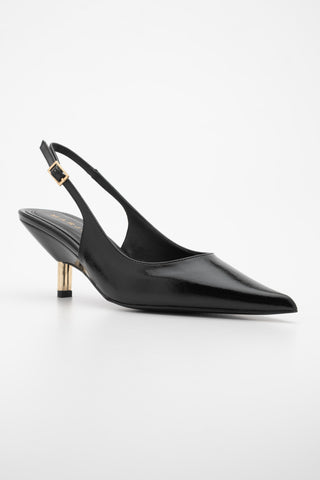 Kadın Stiletto Altın Metal Kısa Ökçe Klasik Topuklu Ayakkabı Rente - Siyah