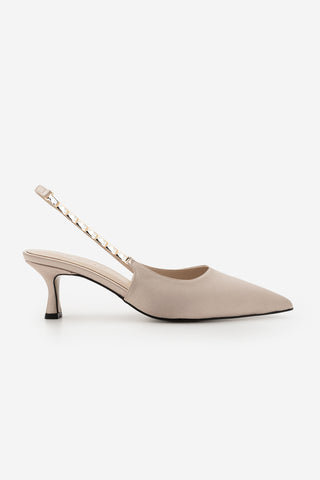 Kadın Stiletto Taşlı Topuklu Ayakkabı Zemora - Bej Saten